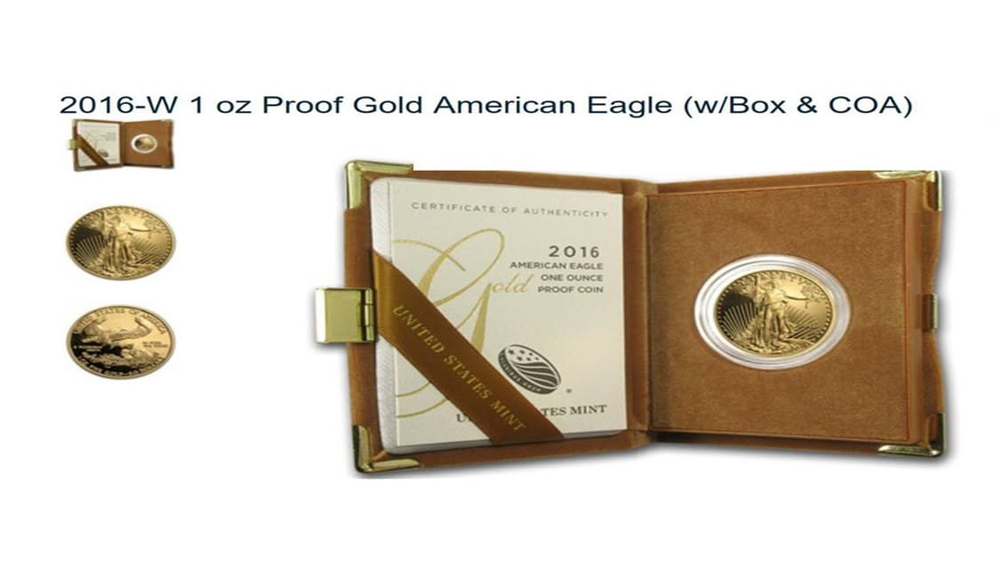 A gold american eagle coin in its holder.