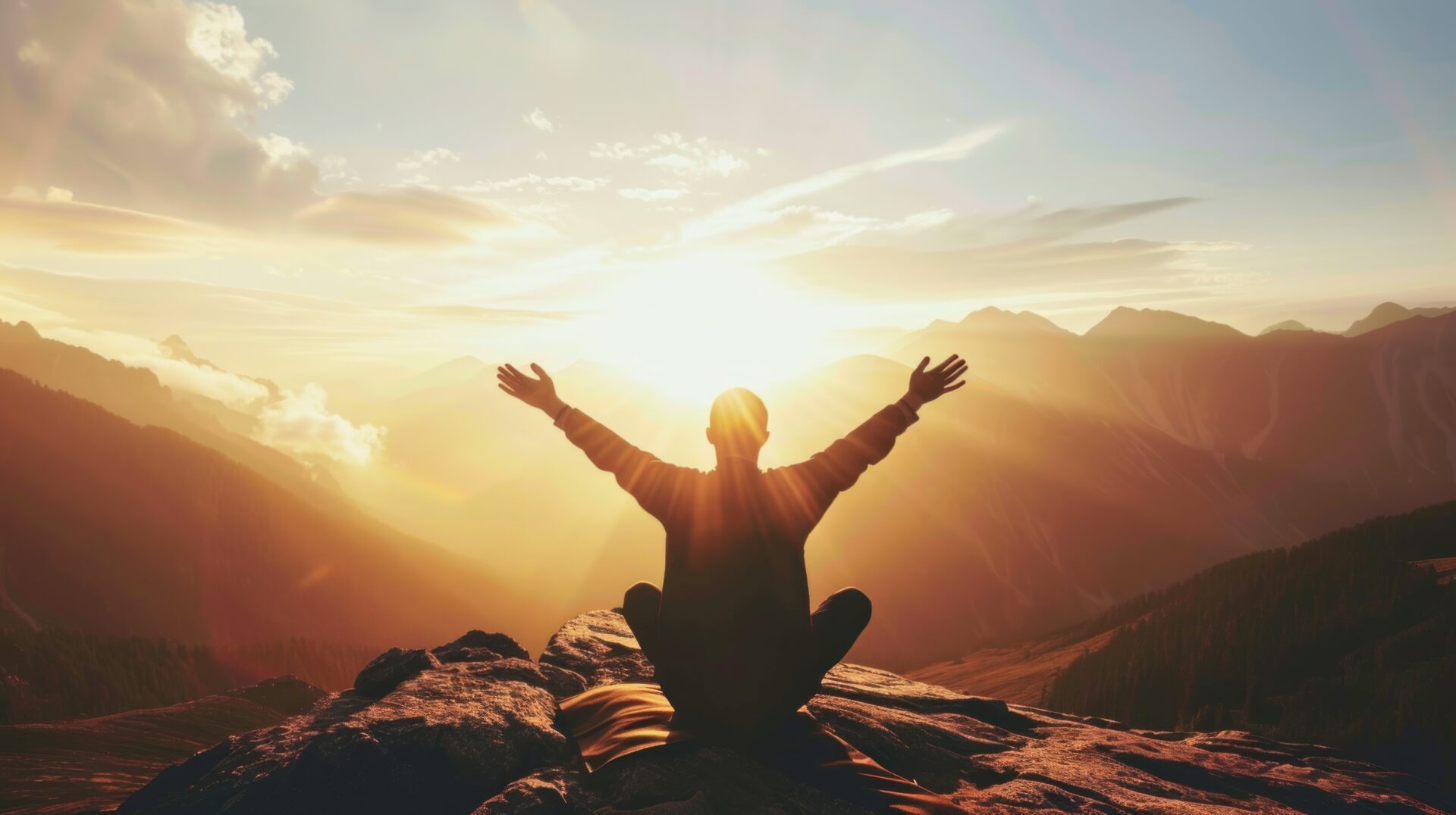 A person sitting on top of a mountain with their hands in the air.